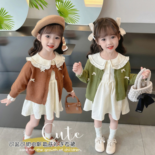 女童连衣裙套装春秋款女宝宝娃娃领裙子针织毛衣开衫两件套儿童装