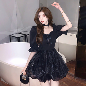 Square neck high waist thin bud skirt fluffy skirt small black dress