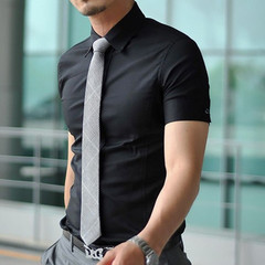 男士夏季韩版修身商务英伦风格衬衣结婚伴郎短袖免烫纯黑色衬衫潮