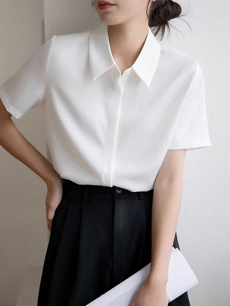 抗皱白色短袖衬衫女夏季新款小众气质面试上衣通勤职业免烫衬衣