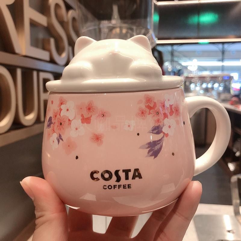 新品costa马克杯少女心陶瓷带盖水杯咖啡杯早餐杯可爱躲猫猫380ml