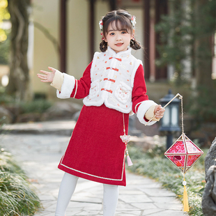 女童旗袍拜年服冬季儿童马甲新款红色中国风新年宝宝过年连衣裙