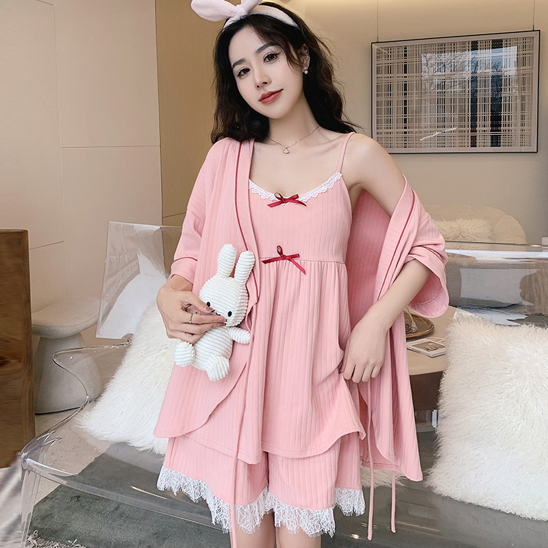 夏季日系薄款吊带睡衣三件套性感v领女短袖蕾丝花边家居服套装
