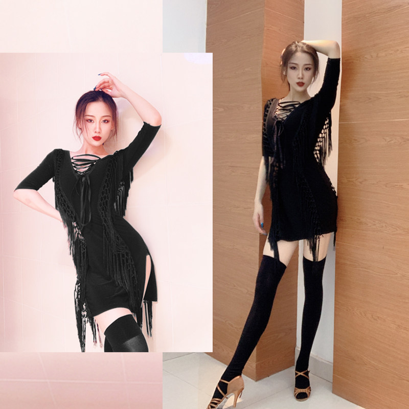 编织流苏拉丁舞连衣裙侧开叉显腿长舞蹈训练内搭小黑裙可外穿l274