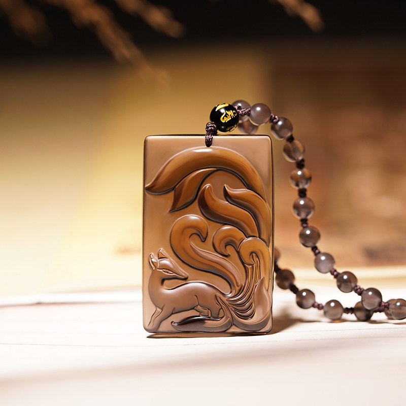 冰种黑曜石九尾狐小狐狸挂件女项坠材质保真附送证书