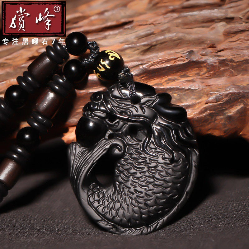 赏峰黑曜石灵鳌夺魁争魁举魁吊坠男女项坠饰品项链水晶饰品挂件男