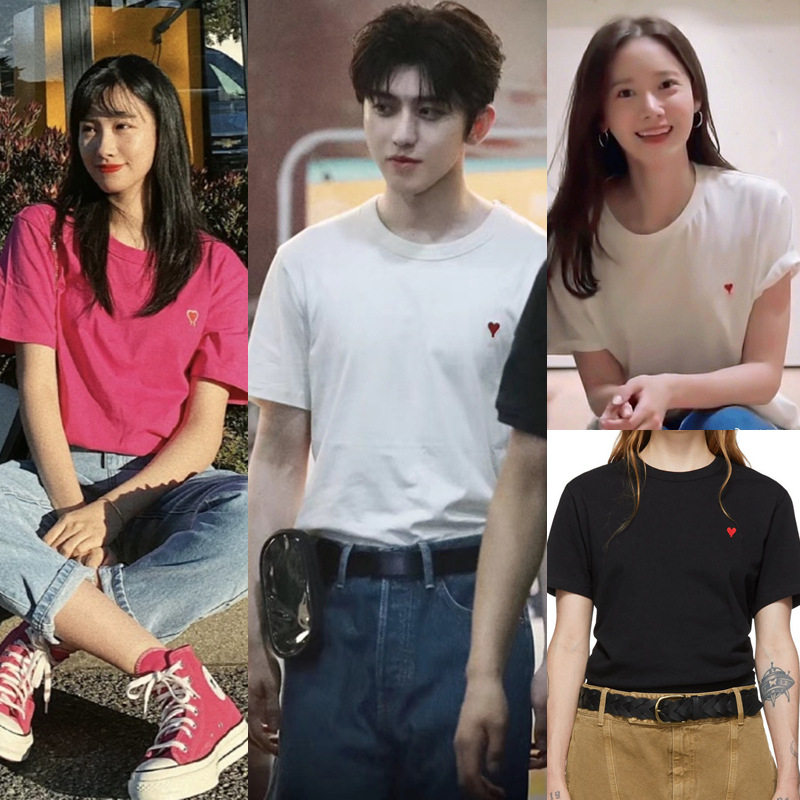 热销林允儿_韩国ing博主林允儿同款ami红色爱心小桃心刺绣短袖t恤情侣
