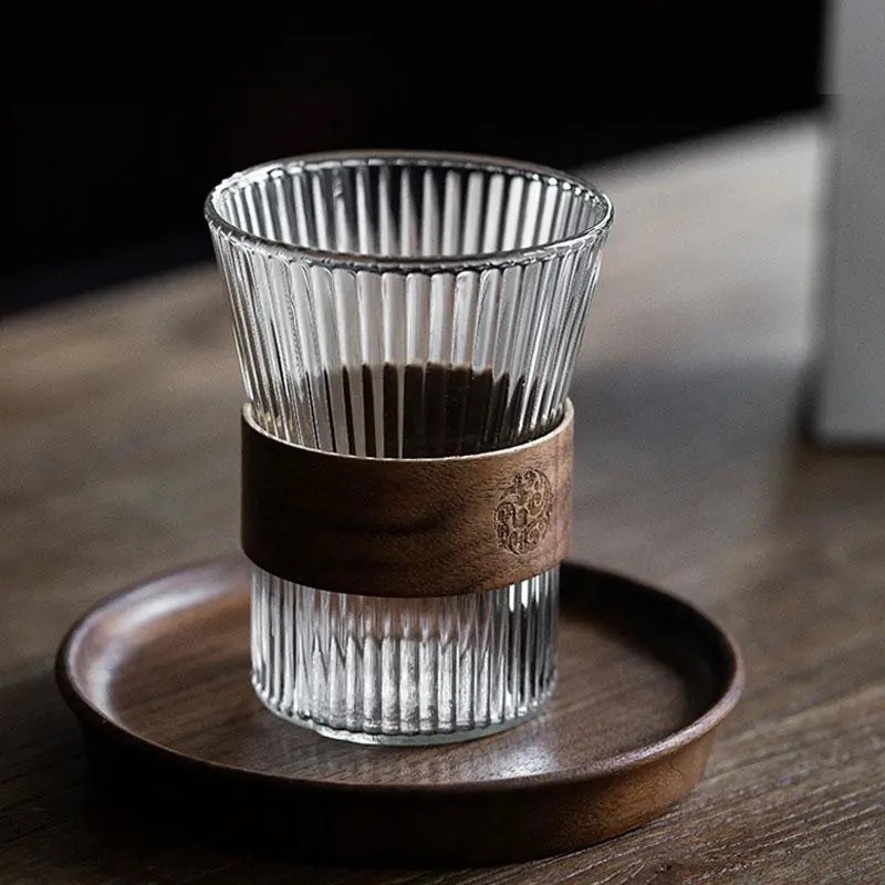 日式耐热玻璃杯隔热竖纹茶杯320ML男女家用水杯敞口杯个人专用杯