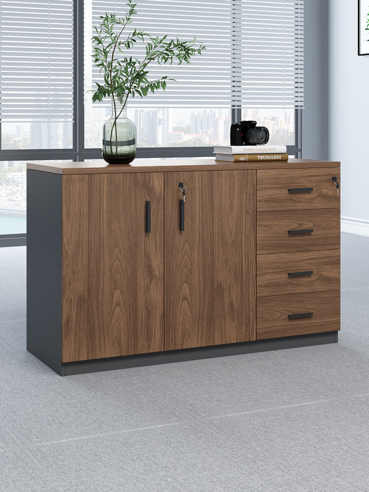 (今日10.4折)黑色文件柜矮柜木质落地带锁储物柜办公室打印机茶水柜隔