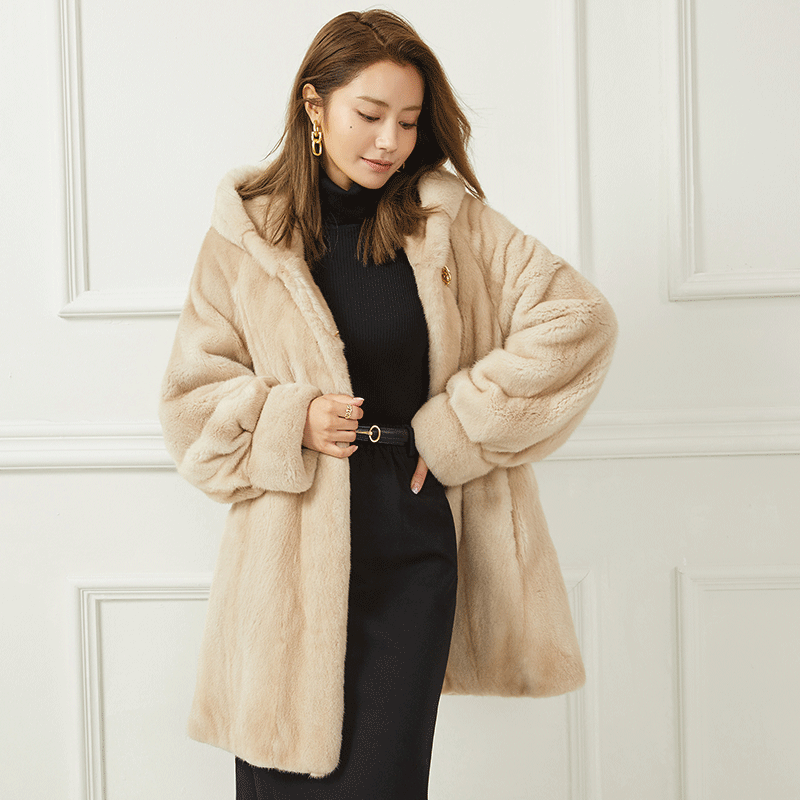 kc皮草2020新款貂皮大衣女年轻时尚款进口皇冠级天鹅绒连帽大衣女