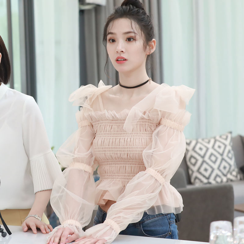 一折一字肩上衣 雪纺衫 蕾丝_恋梦空间2朱云慧同款衣服女杏色网纱拼接