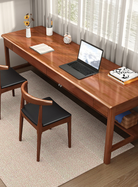 实木书桌靠窗长条桌子家用书房办公桌简约电脑桌卧室双人写字桌椅