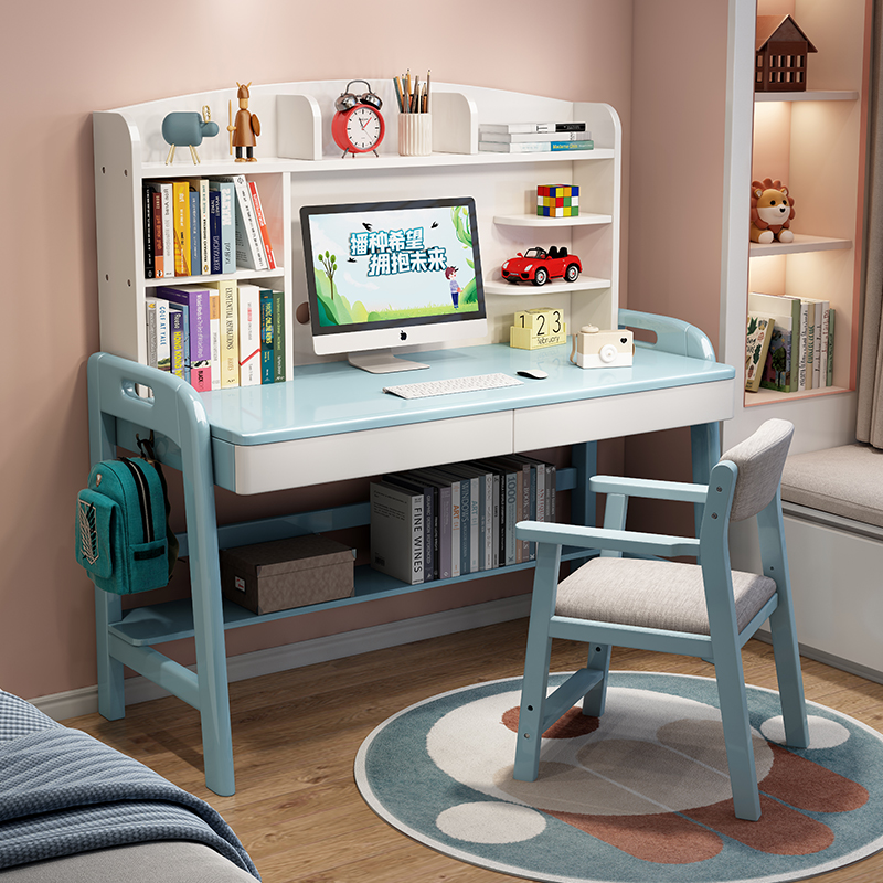 实木书桌书架书柜一体桌儿童学习桌男孩家用卧室小学生写字台桌子