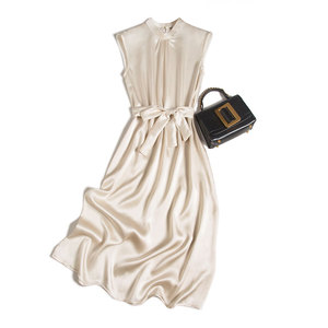 如风优雅~贵气香槟色桑蚕丝真丝立领系腰带杭州丝绸连衣裙