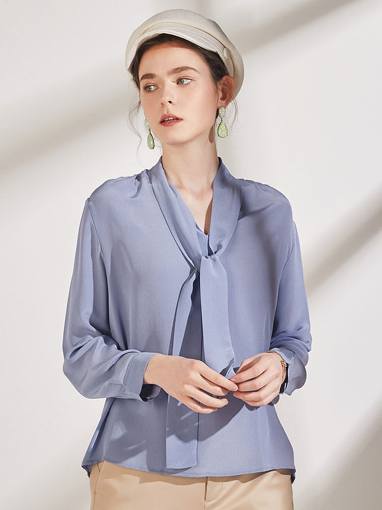 明星同款衬衫v领飘带雾霾蓝衬衣长袖重磅真丝女士上衣