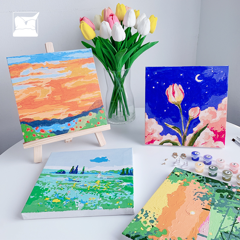 治愈系数字油画diy填色油彩 小尺寸儿童风景涂色油画桌面装饰摆件