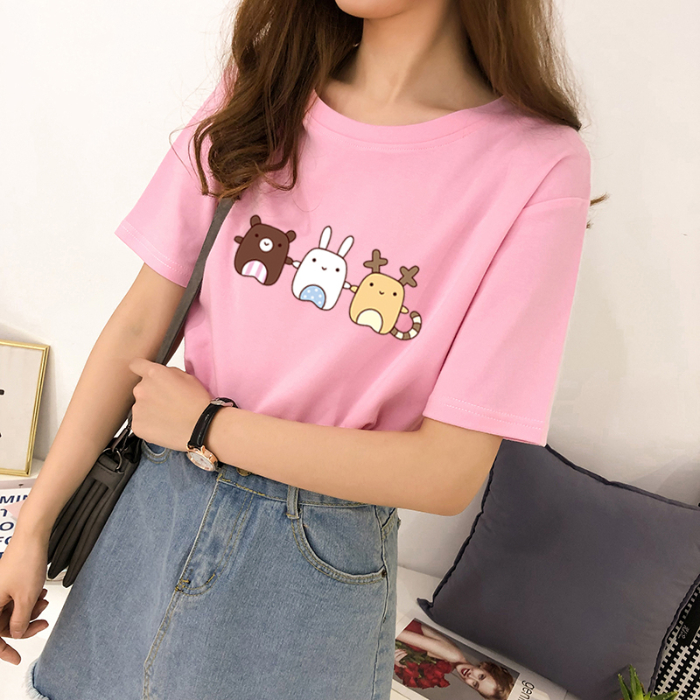 夏季新款韩版闺蜜卡通可爱小动物印花宽松半袖学生上衣短袖T恤女
