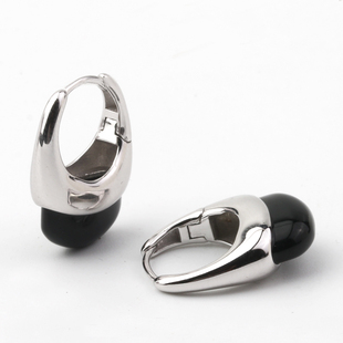 纯银水滴黑玛瑙耳环小众设计感短款耳坠女士法式高级感通勤OL耳扣