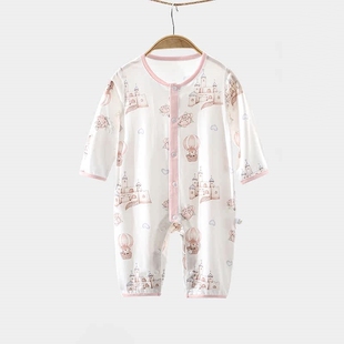 婴儿夏季莫代尔连体衣薄款套装男女宝宝长袖睡衣空调服夏装哈衣服