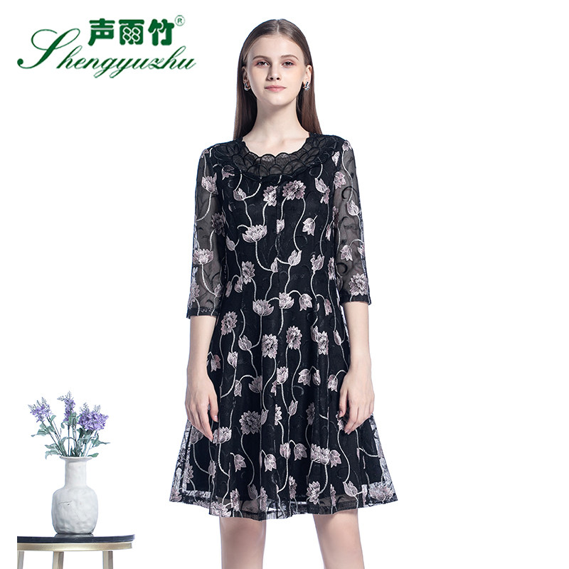 声雨竹2021年夏季新款连衣裙甜美五分袖中裙圆领宽松腰套头a字裙
