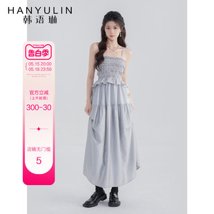 韩语琳灰色连衣裙女装夏季高腰吊带裙中长款2024年新款大摆型裙子