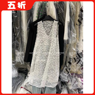 【五折】韩国24春季新款白色花朵蕾丝透视叠穿v领网纱背心连衣裙