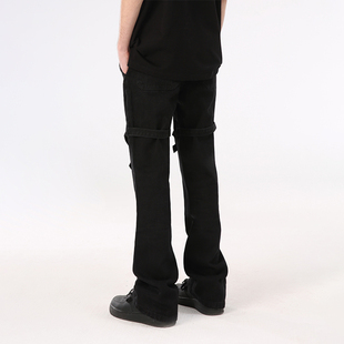 PASET绑带微喇叭修身黑色牛仔裤设计裤子男美式高街设计感长裤