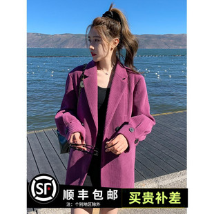 梅子色灯芯绒小西服女春2024新款韩版复古修身小个子气质西装外套