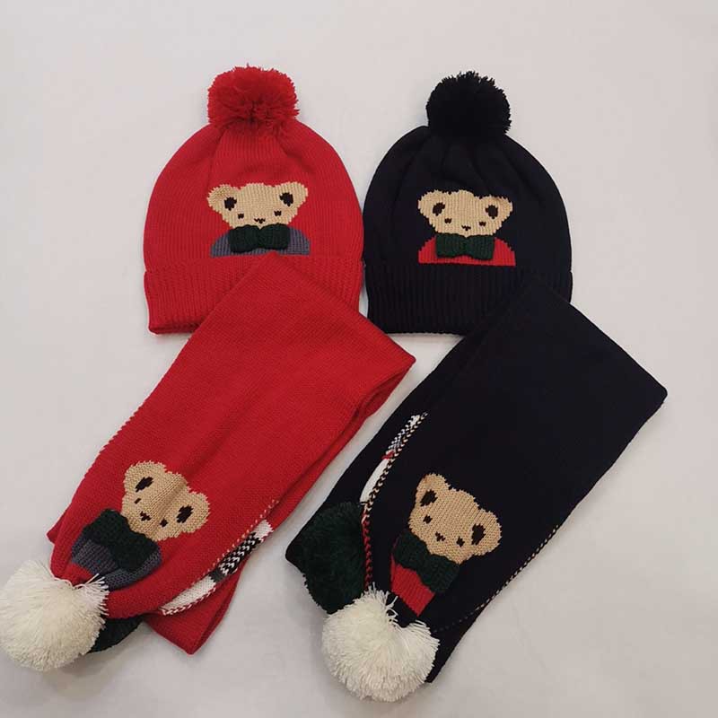日系F家冬季儿童帽子男童小熊棉线针织毛线帽套头帽子围巾两件套