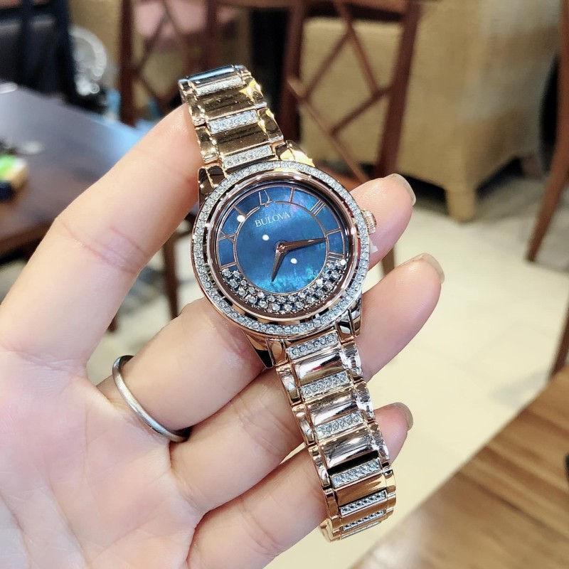 美国代购宝路华bulova蓝贝母小表盘玫瑰金镶钻钢带转动石英女手表