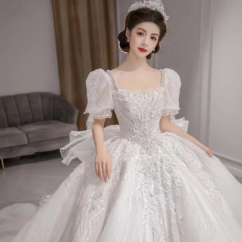 苏州高定重工奢华方领泡泡袖在逃公主婚纱出租赁主纱2022新款新娘