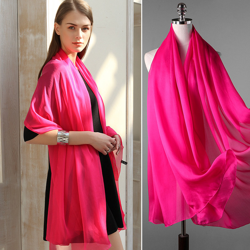 玫红色真丝丝巾桑蚕丝围巾长纱巾女披肩百搭春秋薄款夏季外搭沙巾