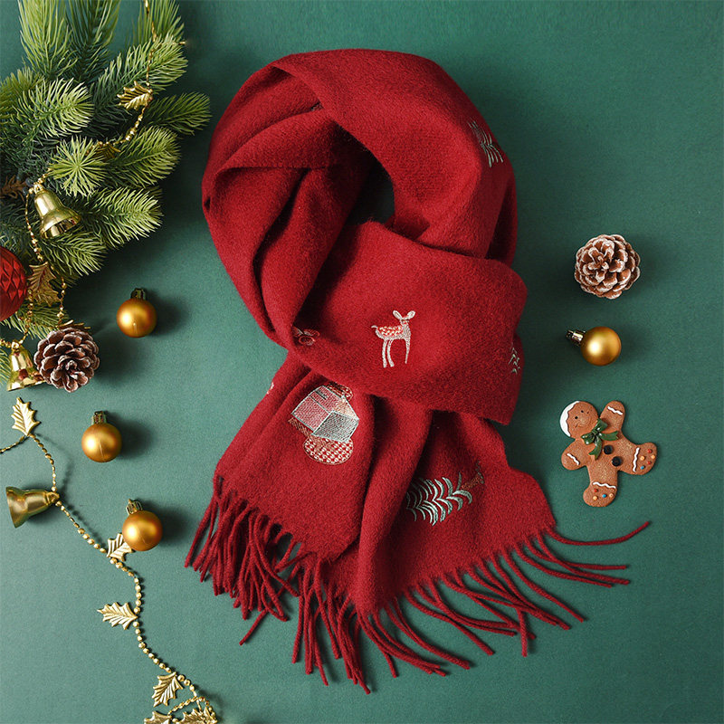 圣诞节礼物红色纯羊毛围巾女冬季100羊绒儿童礼物本命年礼盒围脖