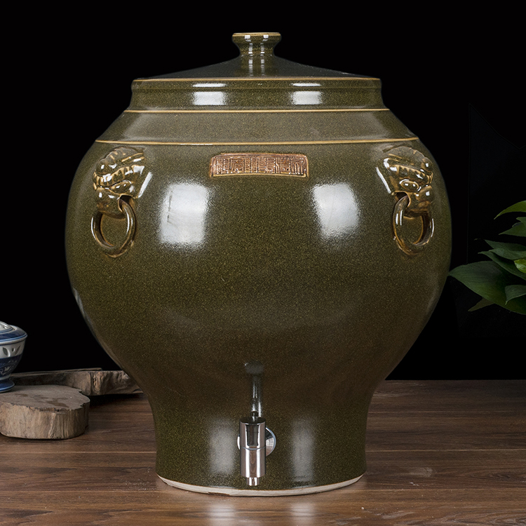 景德镇陶瓷酒坛 50斤茶叶末釉陶瓷带盖储水缸茶水缸油缸带水龙头
