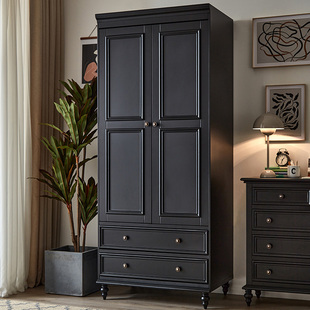 美式轻奢实木衣柜小户型复古黑色简约现代家用卧室储物收纳柜组合