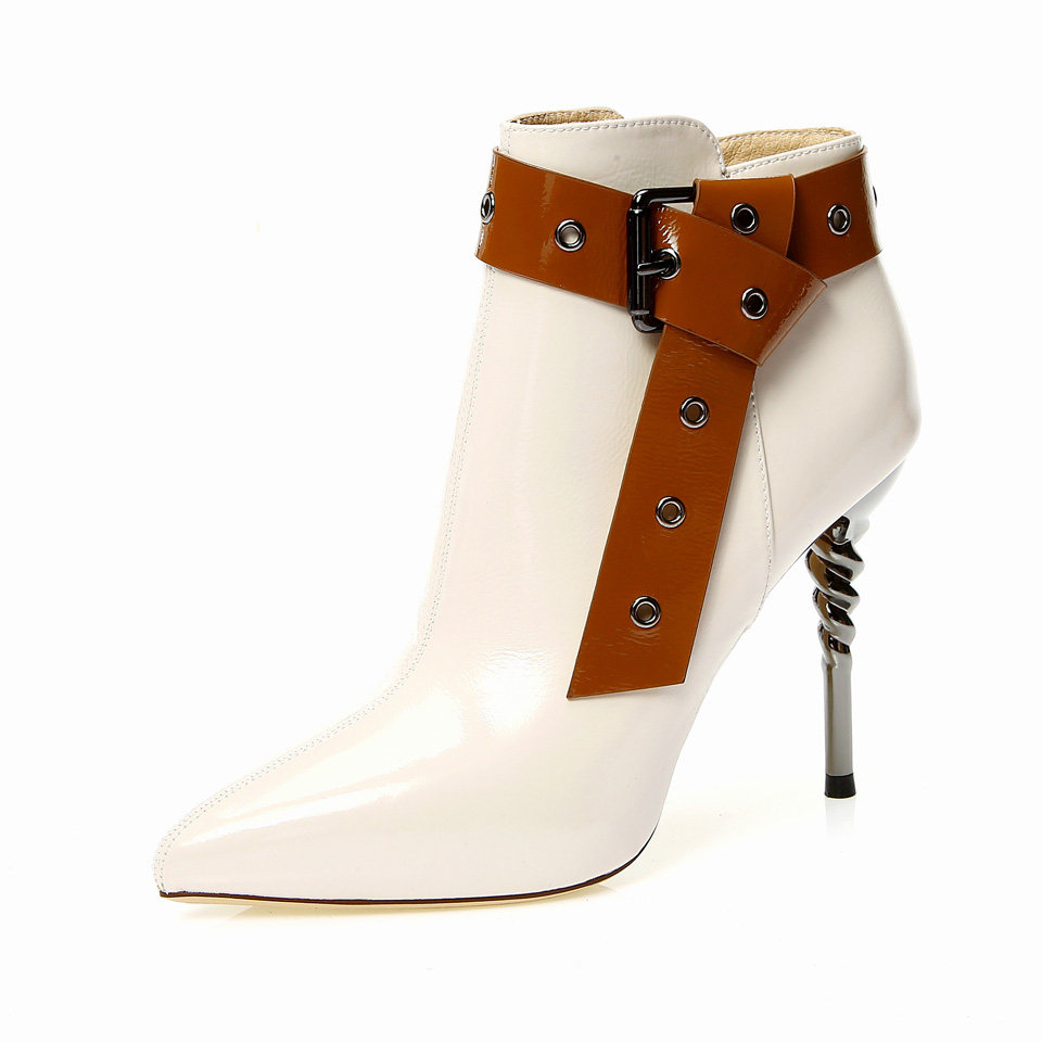 冬季新款性感拼色皮带扣马丁靴尖头防水台超高跟皮靴欧美细跟短靴