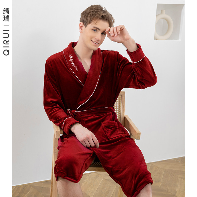 绮瑞睡袍男冬款海岛绒长袖中长款男士睡衣秋冬季法兰绒家居服大码