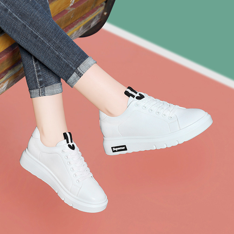 真皮小白鞋女鞋夏季2019新款透气百搭系带白色板鞋厚底运动休闲鞋