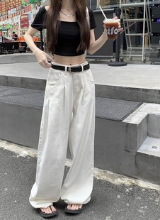 屿圆yuyuan白色直筒牛仔裤女2023年秋季新款高腰宽松显瘦阔腿裤女