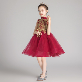 小女孩公主裙礼服女童红色生日花童主持人儿童钢琴演出服演奏夏季