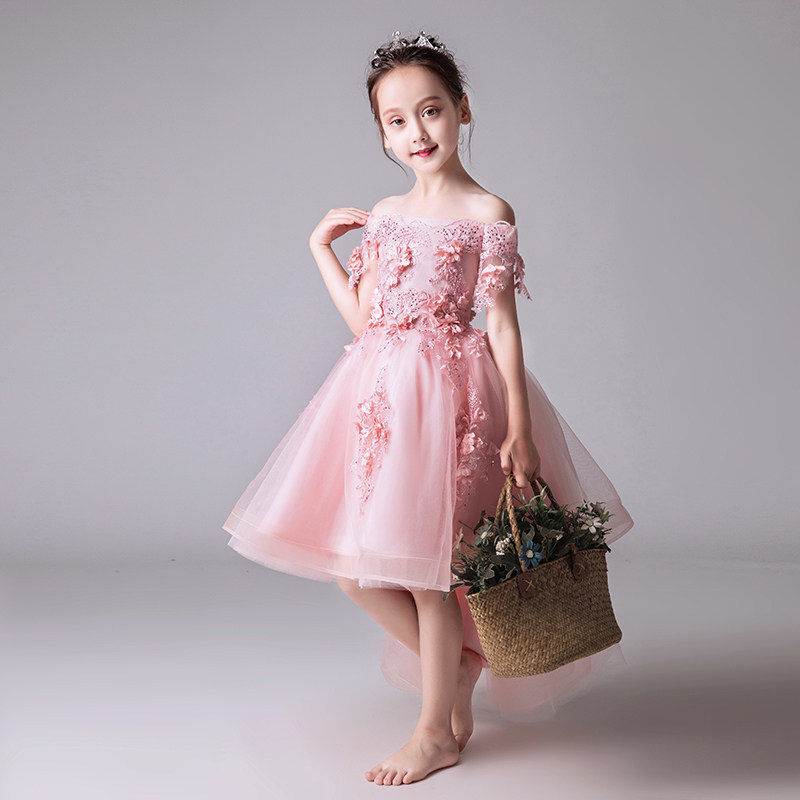 粉色一字肩儿童礼服公主裙女童蓬蓬纱生日小花童走秀钢琴演出服夏