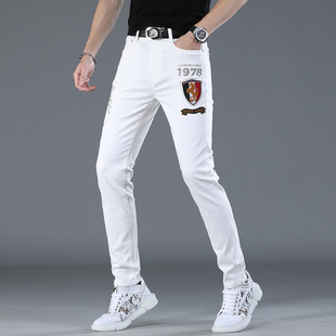 欧货刺绣白色牛仔裤男士夏季薄款2022新款烫钻修身小脚休闲长裤子