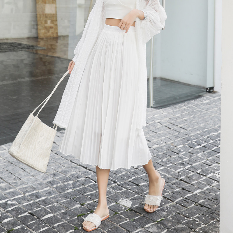 白色半身裙女夏薄款a字裙2021新款雪纺裙中长高腰百褶裙显瘦伞裙