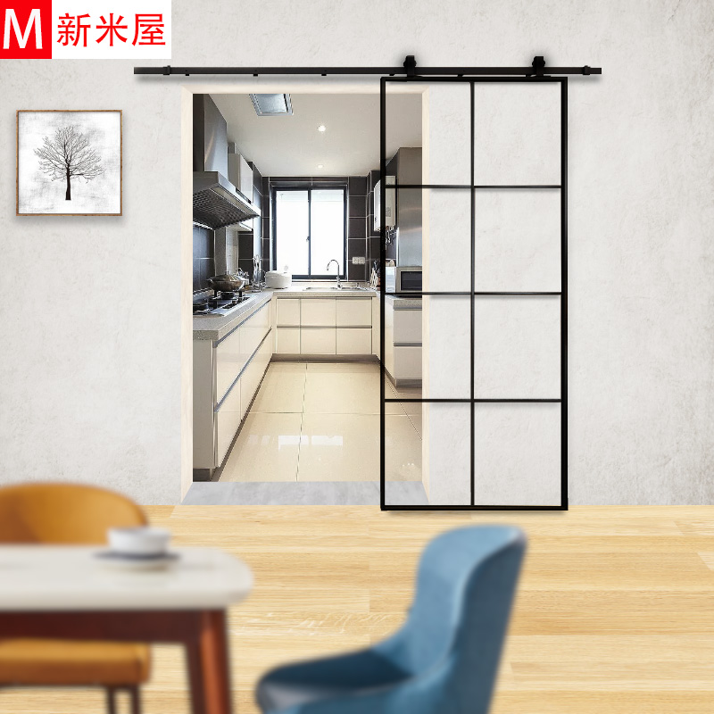 米屋工厂定制谷仓门黑色吊轨北欧极窄边厨房门谷仓门玻璃推拉门