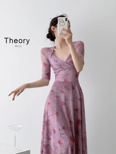 Theory wella 法式浪漫温柔风印花连衣裙女夏季收腰显瘦长裙子