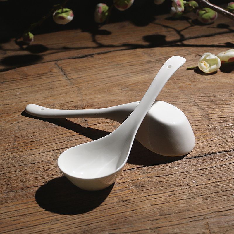纯白骨瓷大汤勺大调羹大勺子 中式家用陶瓷餐具长柄舀汤勺搅拌勺-泡美