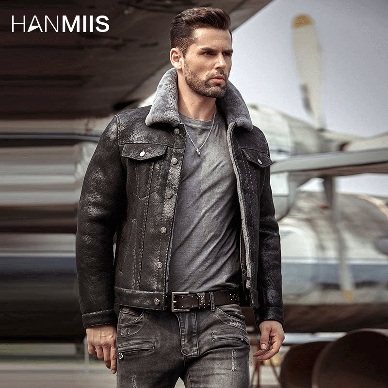 hms 牛仔款b3皮毛一体男空军夹克修身真皮皮草加厚冬装皮衣外套
