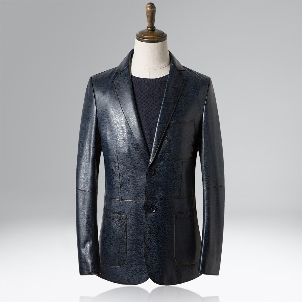 umber真皮皮衣男绵羊皮真皮休闲西装西服男 时尚修身单皮皮衣外套