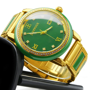 念玉琉璃手表带日历镶钻表盘男女款防水石英表天然碧绿色白色表带
