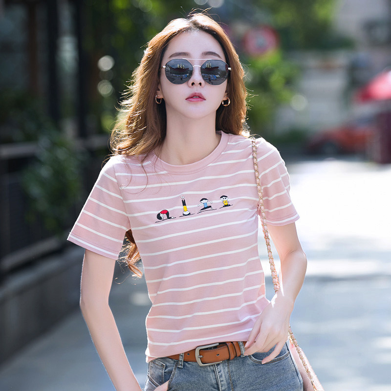夏装彩虹条纹t恤女短袖2022夏季新款女士纯棉t桖女款修身半袖丅恤